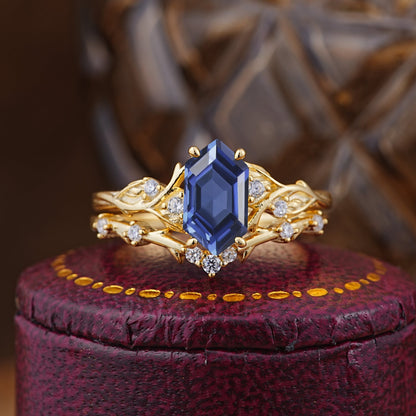 Nature-Inspired 4-Prong Hexagon-Cut Tanzanite Bridal Ring Set