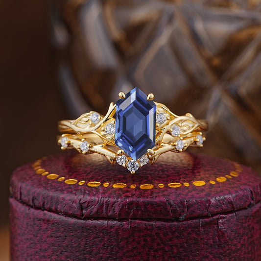 Nature-Inspired 4-Prong Hexagon-Cut Tanzanite Bridal Ring Set