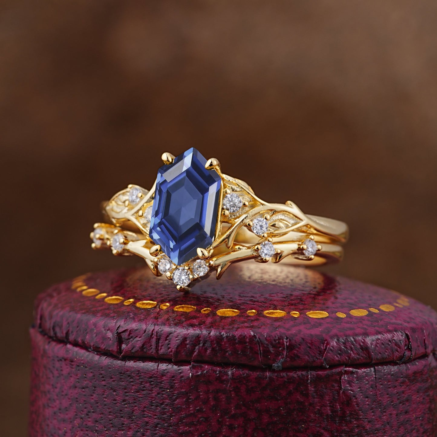 Nature-Inspired 4-Prong Hexagon-Cut Tanzanite Bridal Ring Set