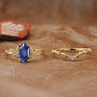Nature-Inspired 4-Prong Hexagon-Cut Tanzanite Bridal Ring Set