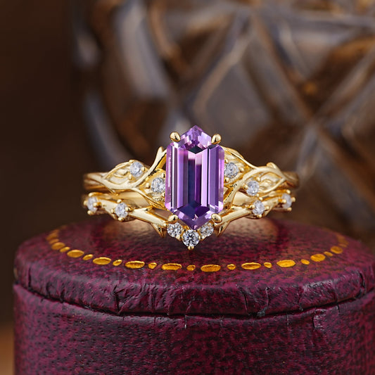 Nature-Inspired 4-Prong Hexagon-Cut Amethyst Bridal Ring Set
