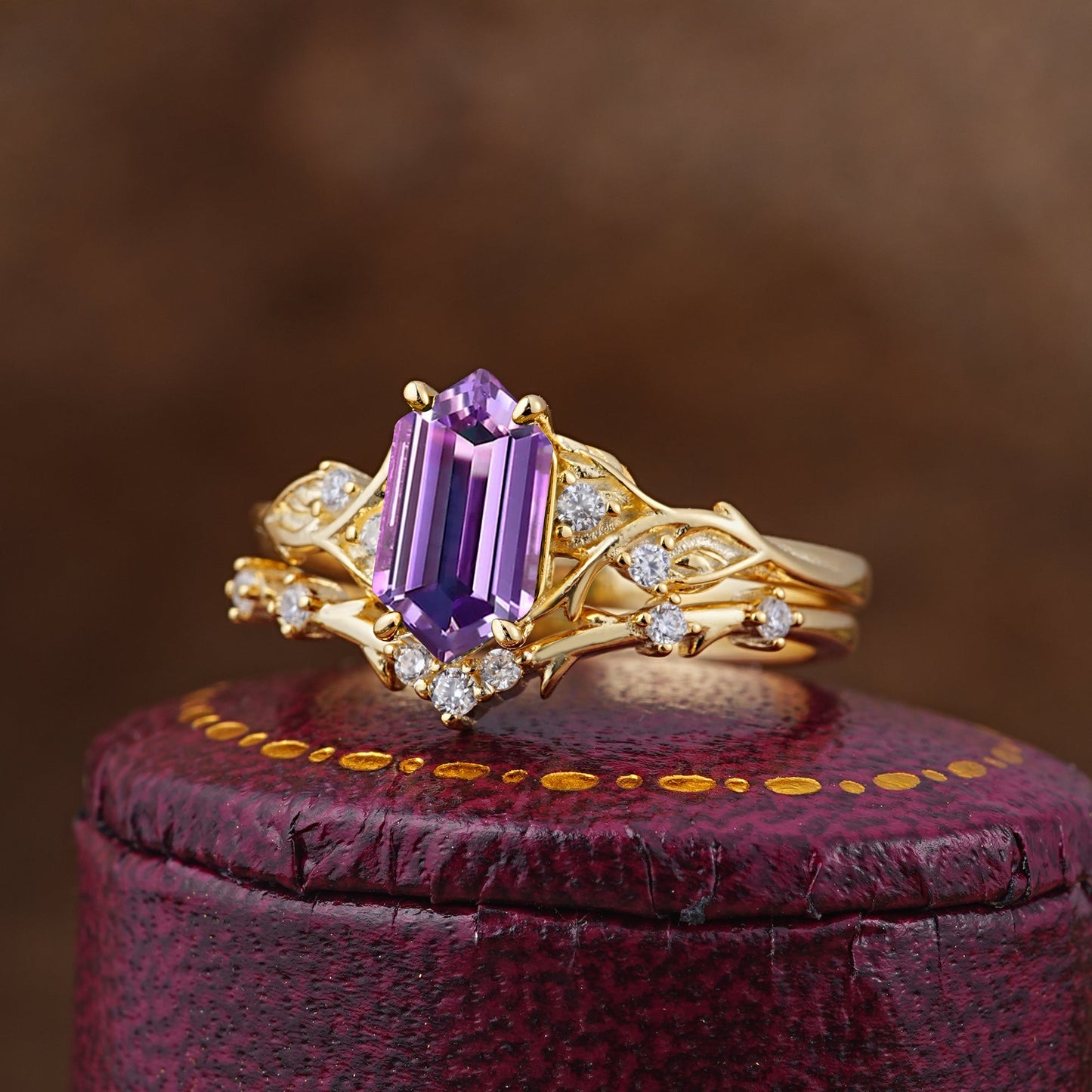 Nature-Inspired 4-Prong Hexagon-Cut Amethyst Bridal Ring Set