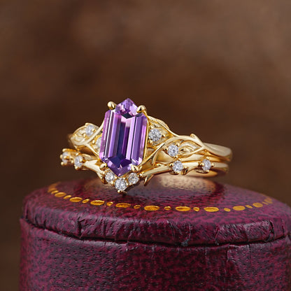 Nature-Inspired 4-Prong Hexagon-Cut Amethyst Bridal Ring Set