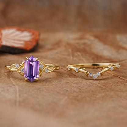 Nature-Inspired 4-Prong Hexagon-Cut Amethyst Bridal Ring Set