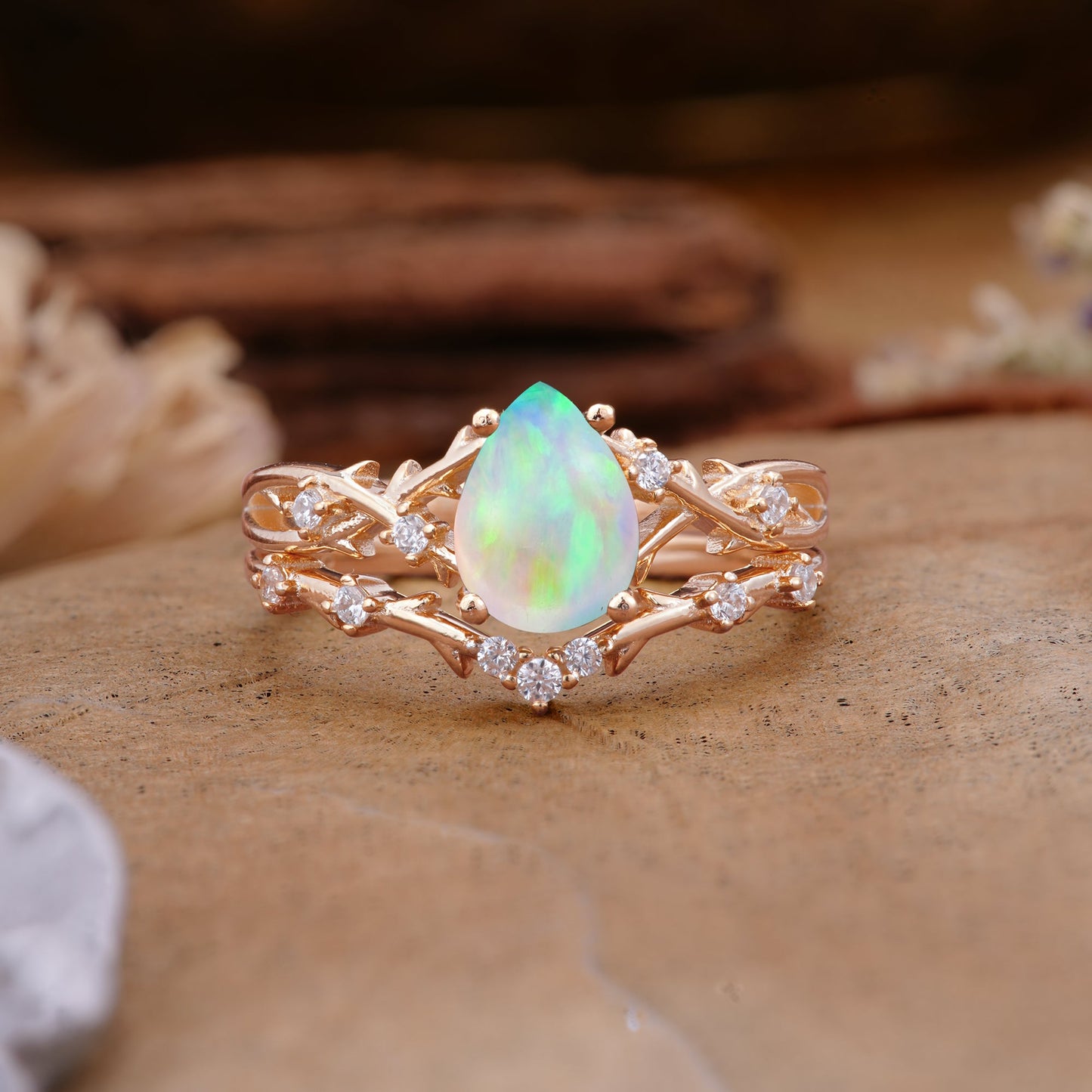Nature-Inspired Pear-Cut Fire Opal Bridal Ring Set