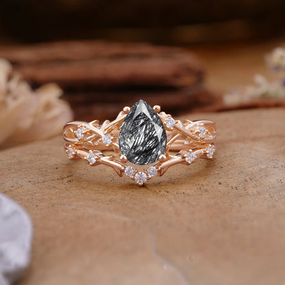 Nature-Inspired Pear-Cut Black Rutilated Quartz Bridal Ring Set