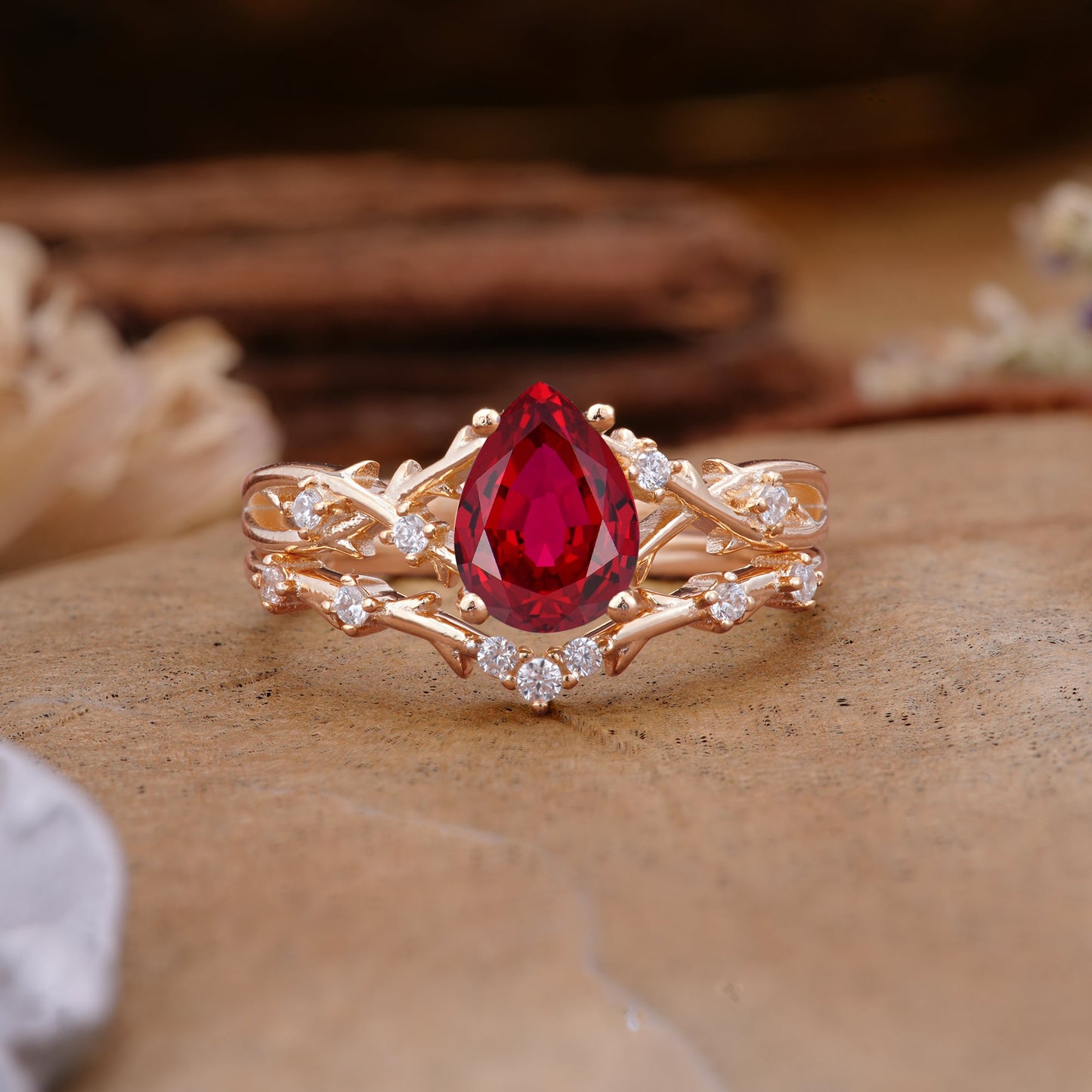 Nature-Inspired Pear-Cut Ruby Bridal Ring Set