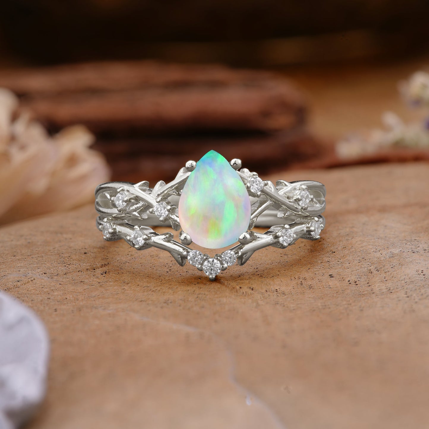 Nature-Inspired Pear-Cut Fire Opal Bridal Ring Set