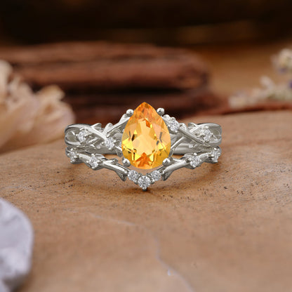 Nature-Inspired Pear-Cut Citrine Bridal Ring Set