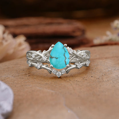Nature-Inspired Pear-Cut Turquoise Bridal Ring Set