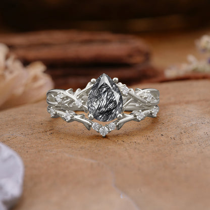 Nature-Inspired Pear-Cut Black Rutilated Quartz Bridal Ring Set