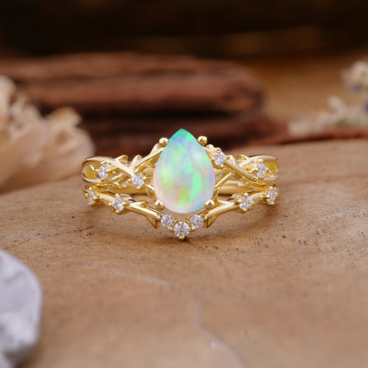 Nature-Inspired Pear-Cut Fire Opal Bridal Ring Set