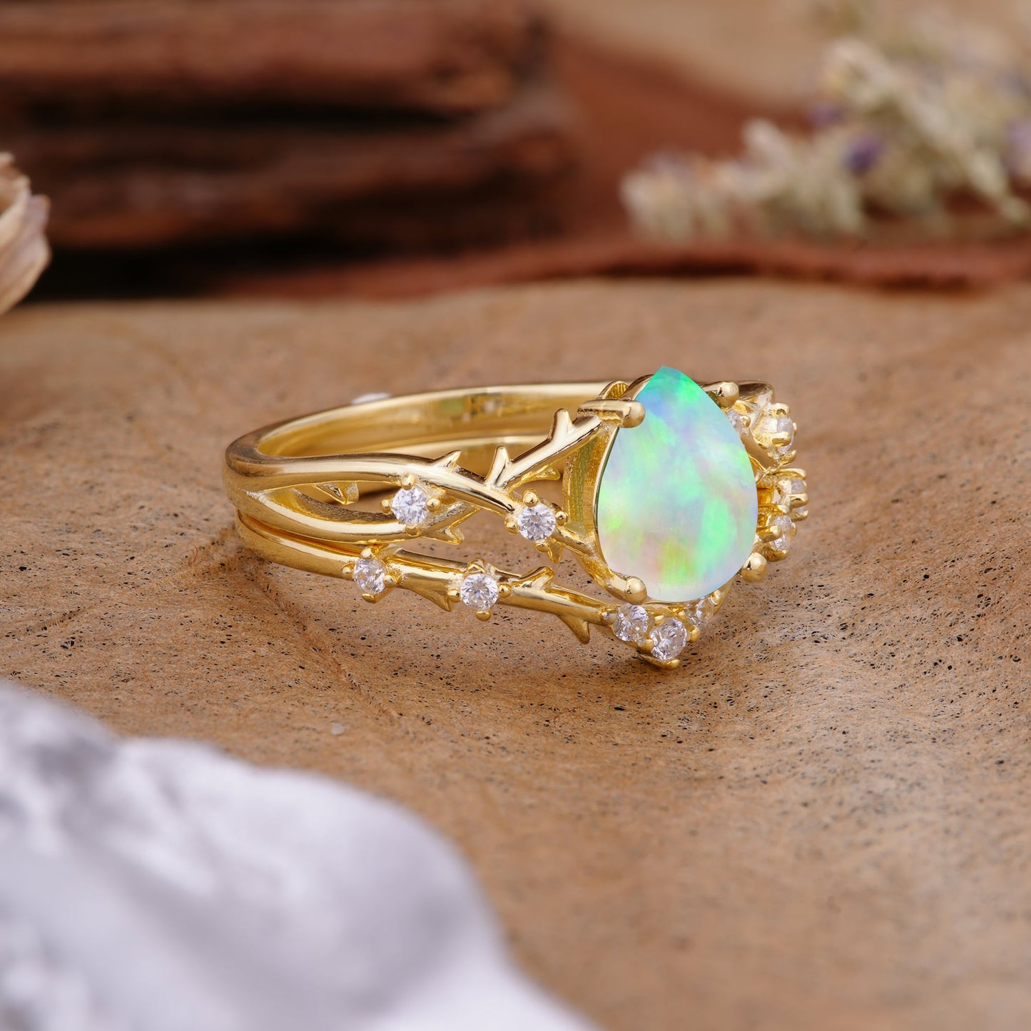 Nature-Inspired Pear-Cut Fire Opal Bridal Ring Set