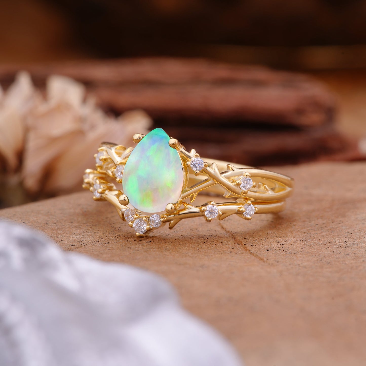 Nature-Inspired Pear-Cut Fire Opal Bridal Ring Set