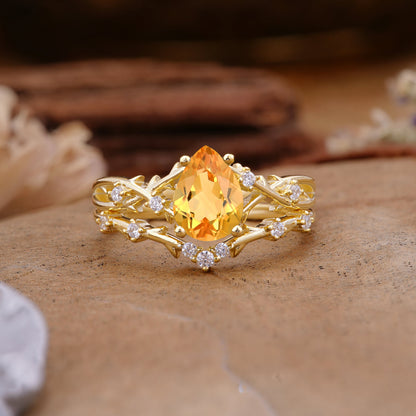 Nature-Inspired Pear-Cut Citrine Bridal Ring Set