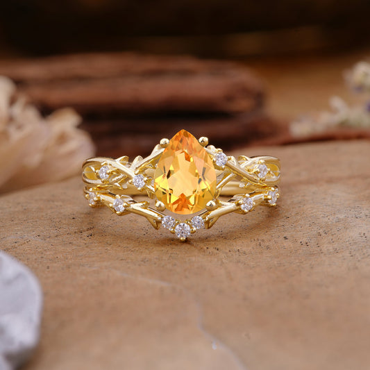 Nature-Inspired Pear-Cut Citrine Bridal Ring Set