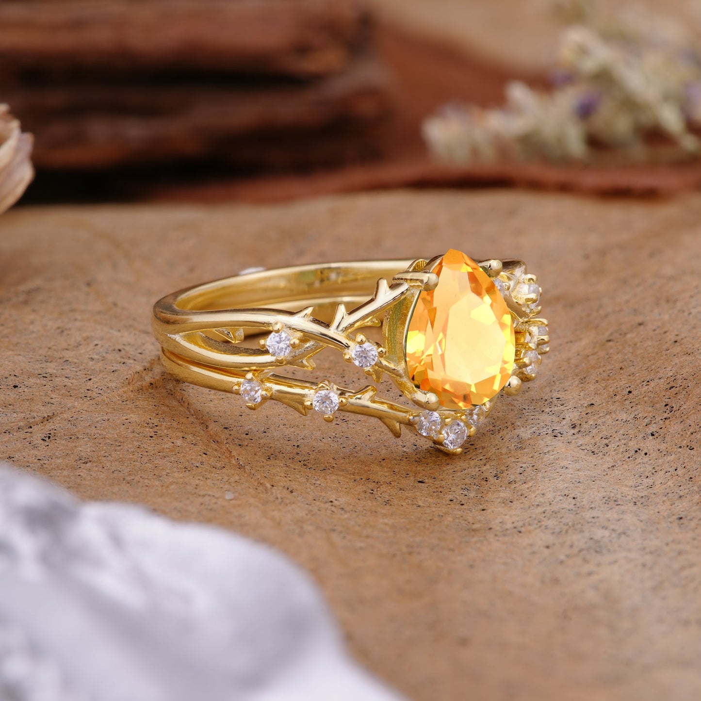Nature-Inspired Pear-Cut Citrine Bridal Ring Set