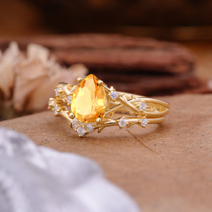 Nature-Inspired Pear-Cut Citrine Bridal Ring Set