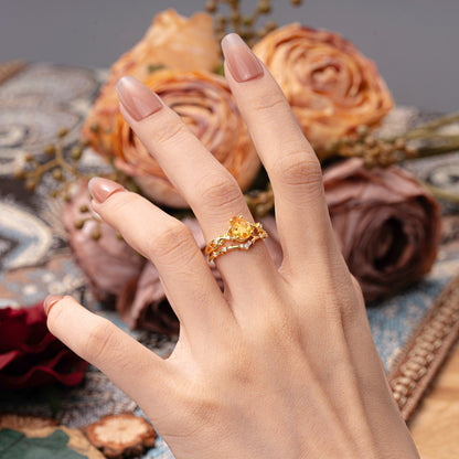 Nature-Inspired Pear-Cut Citrine Bridal Ring Set