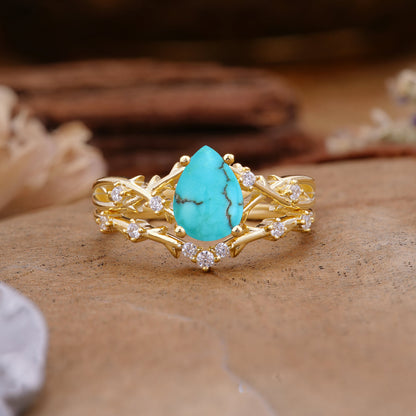 Nature-Inspired Pear-Cut Turquoise Bridal Ring Set