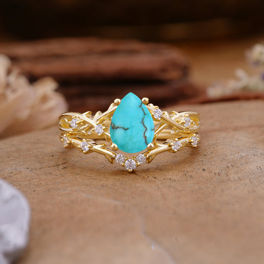 Nature-Inspired Pear-Cut Turquoise Bridal Ring Set