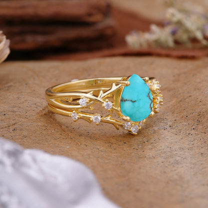 Nature-Inspired Pear-Cut Turquoise Bridal Ring Set