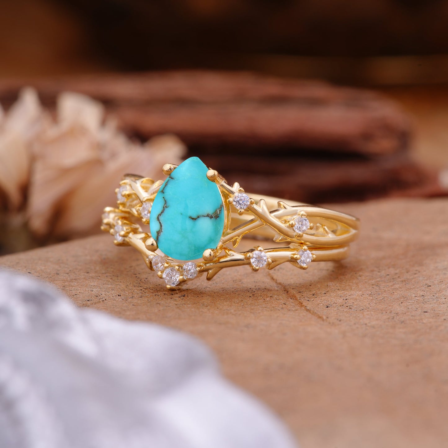 Nature-Inspired Pear-Cut Turquoise Bridal Ring Set