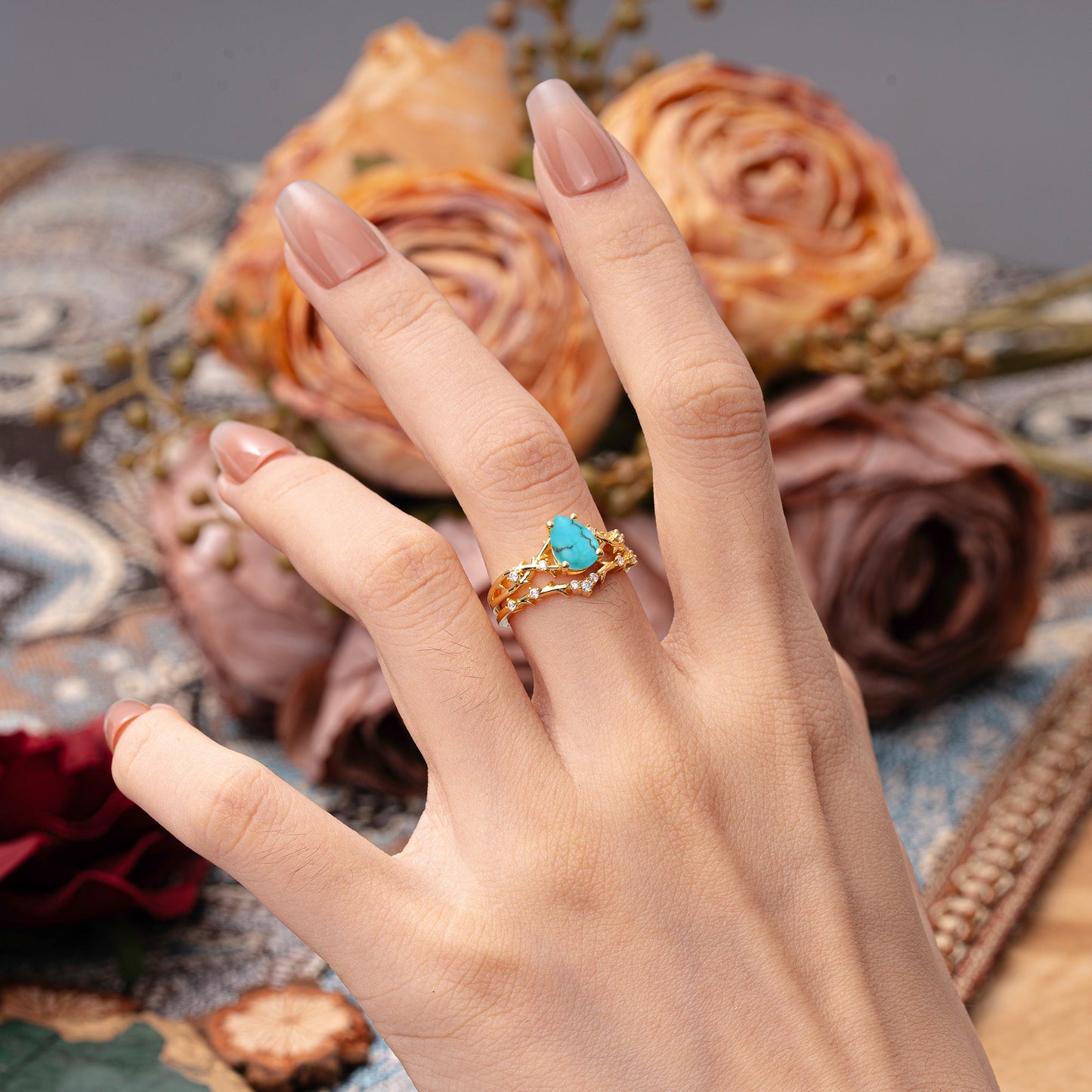 Nature-Inspired Pear-Cut Turquoise Bridal Ring Set