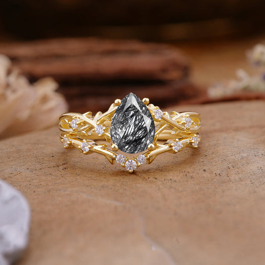 Nature-Inspired Pear-Cut Black Rutilated Quartz Bridal Ring Set
