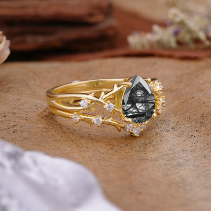 Nature-Inspired Pear-Cut Black Rutilated Quartz Bridal Ring Set