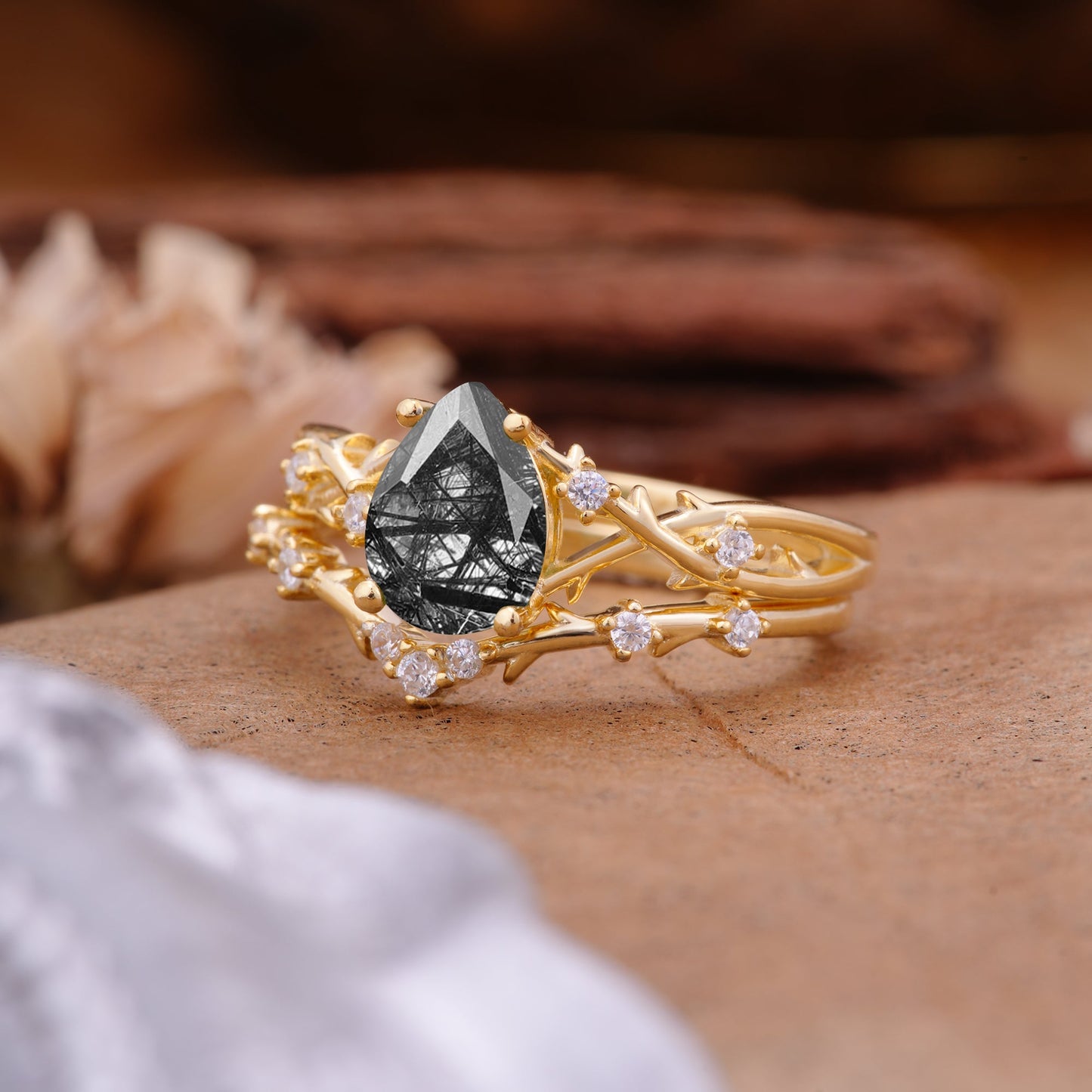 Nature-Inspired Pear-Cut Black Rutilated Quartz Bridal Ring Set
