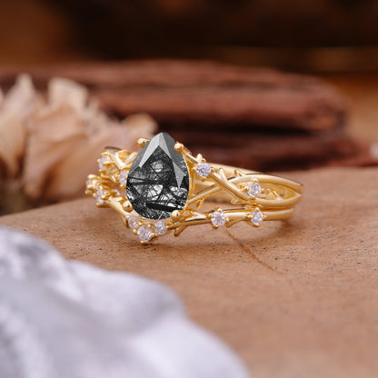 Nature-Inspired Pear-Cut Black Rutilated Quartz Bridal Ring Set