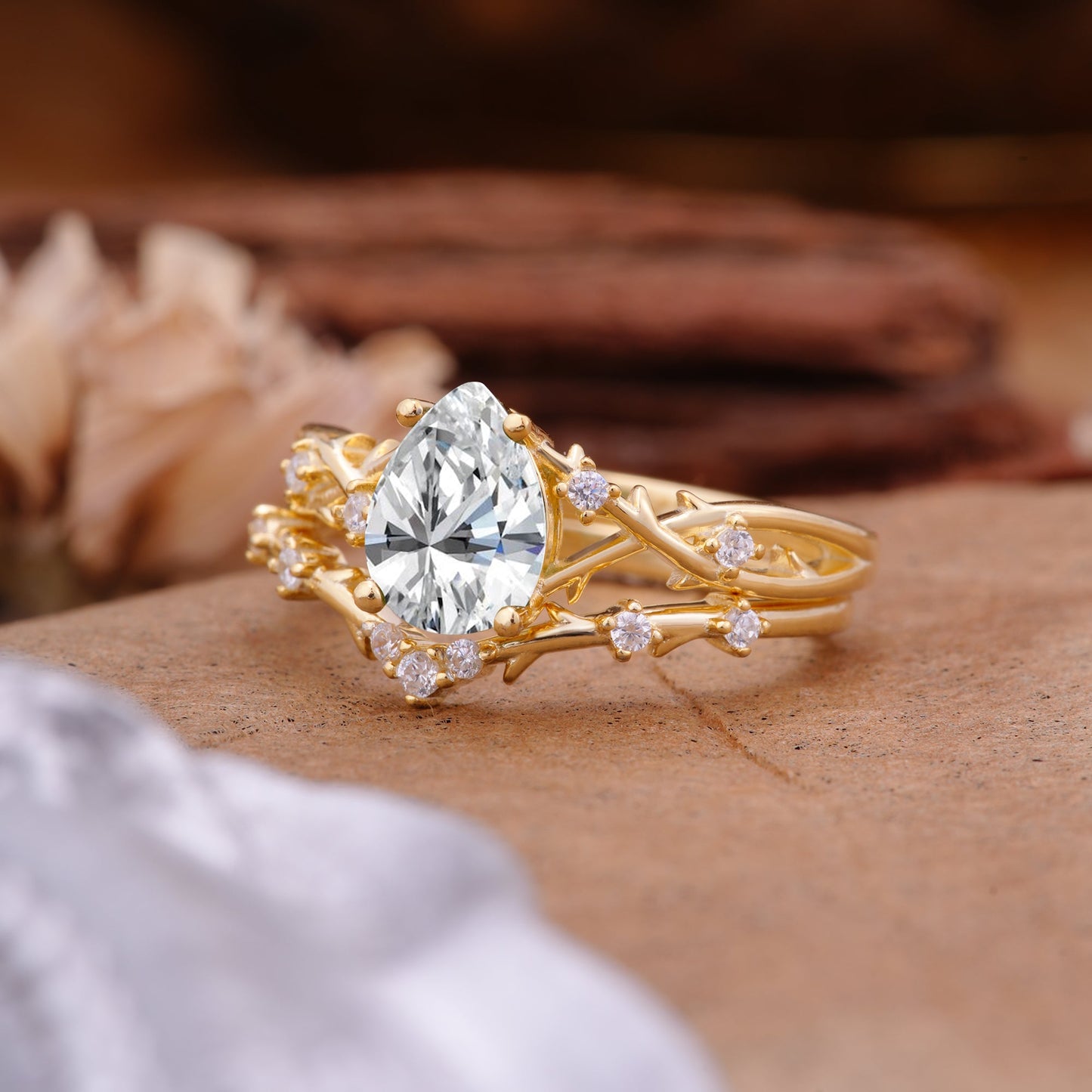 Nature-Inspired Pear-Cut Lab Diamond Bridal Ring Set