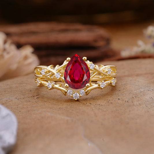 Nature-Inspired Pear-Cut Ruby Bridal Ring Set