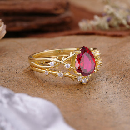 Nature-Inspired Pear-Cut Ruby Bridal Ring Set