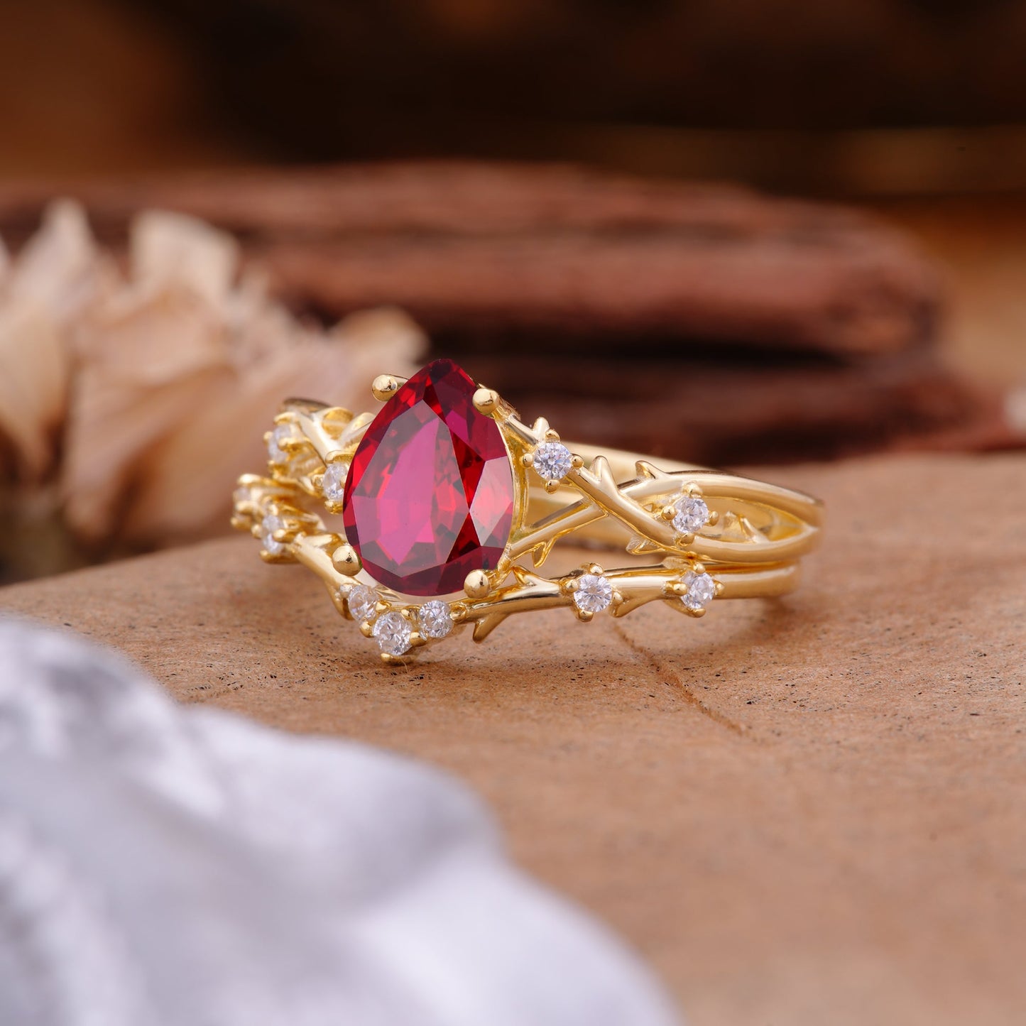 Nature-Inspired Pear-Cut Ruby Bridal Ring Set