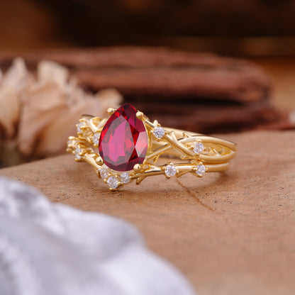 Nature-Inspired Pear-Cut Ruby Bridal Ring Set