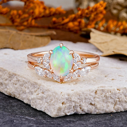 Luxury 6-Prong Oval-Cut Opal Engagement Ring Set