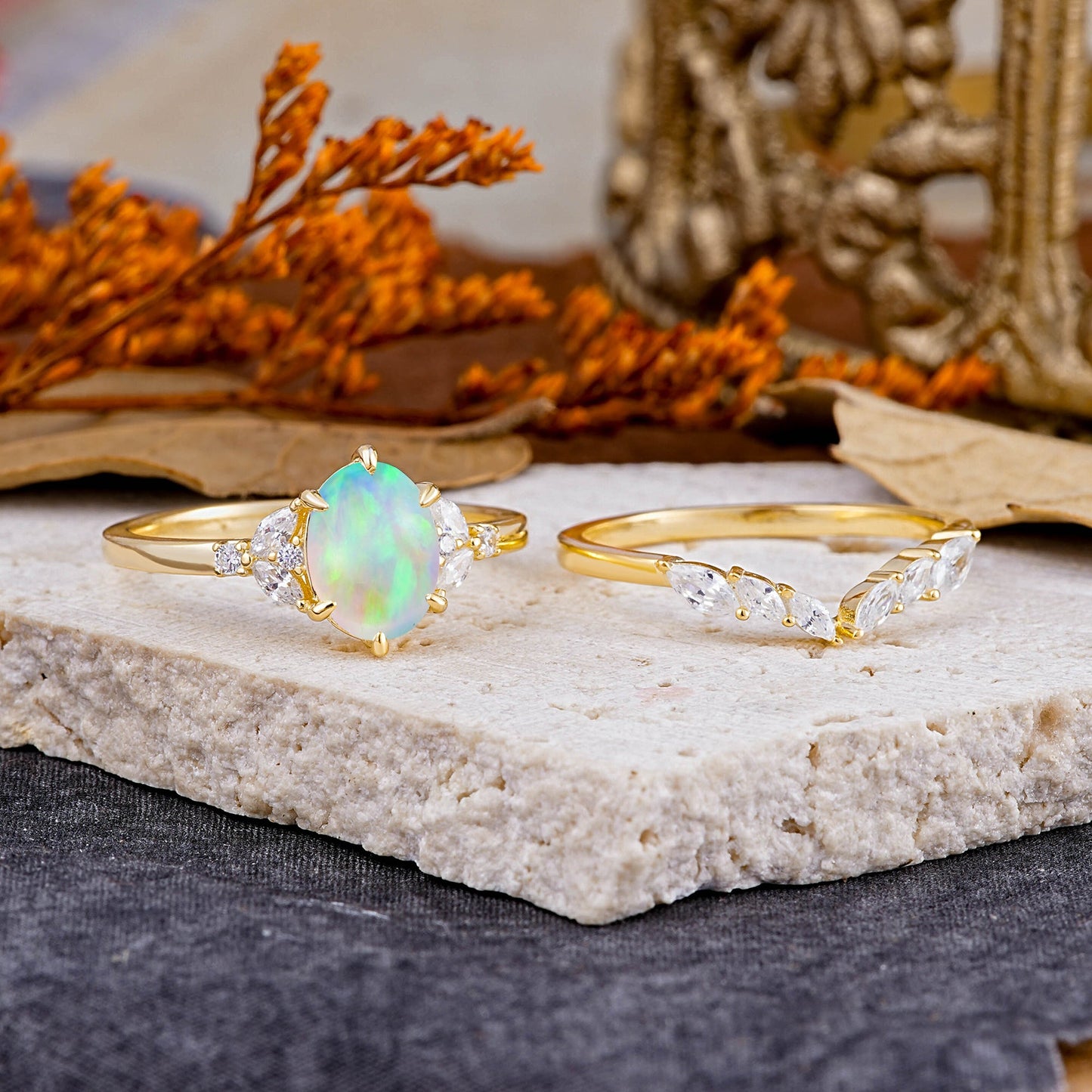 Luxury 6-Prong Oval-Cut Opal Engagement Ring Set