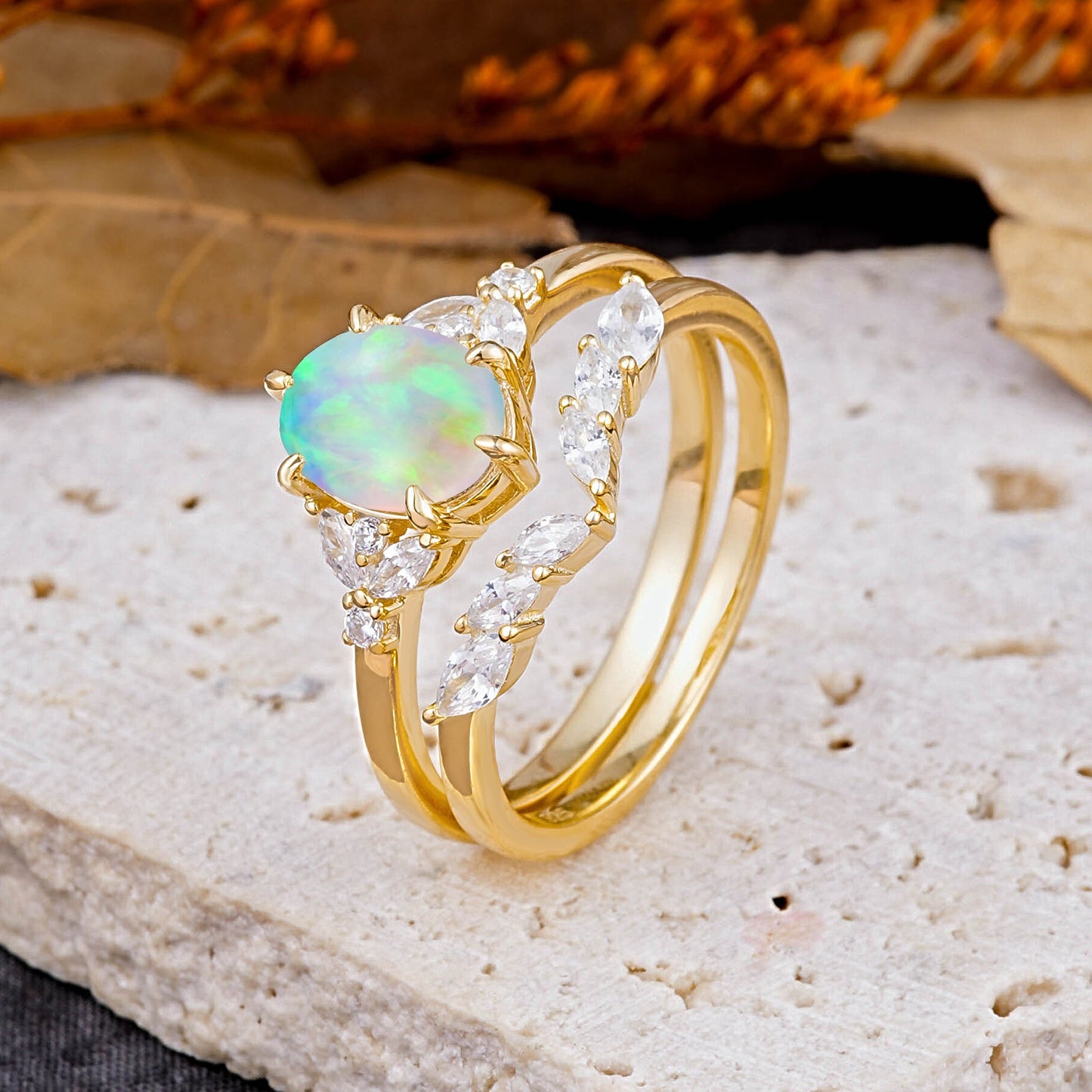 Luxury 6-Prong Oval-Cut Opal Engagement Ring Set