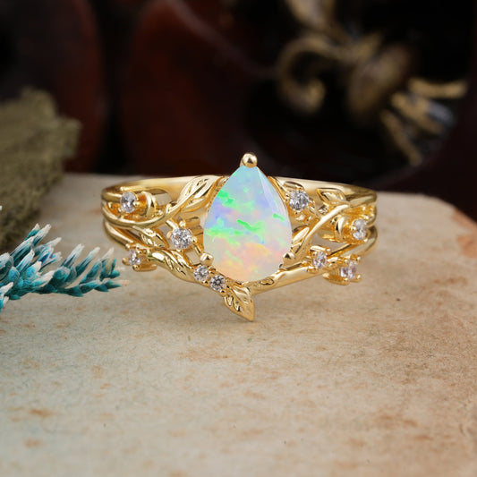 Timeless Pear Cut Opal Bridal Ring Set for Her