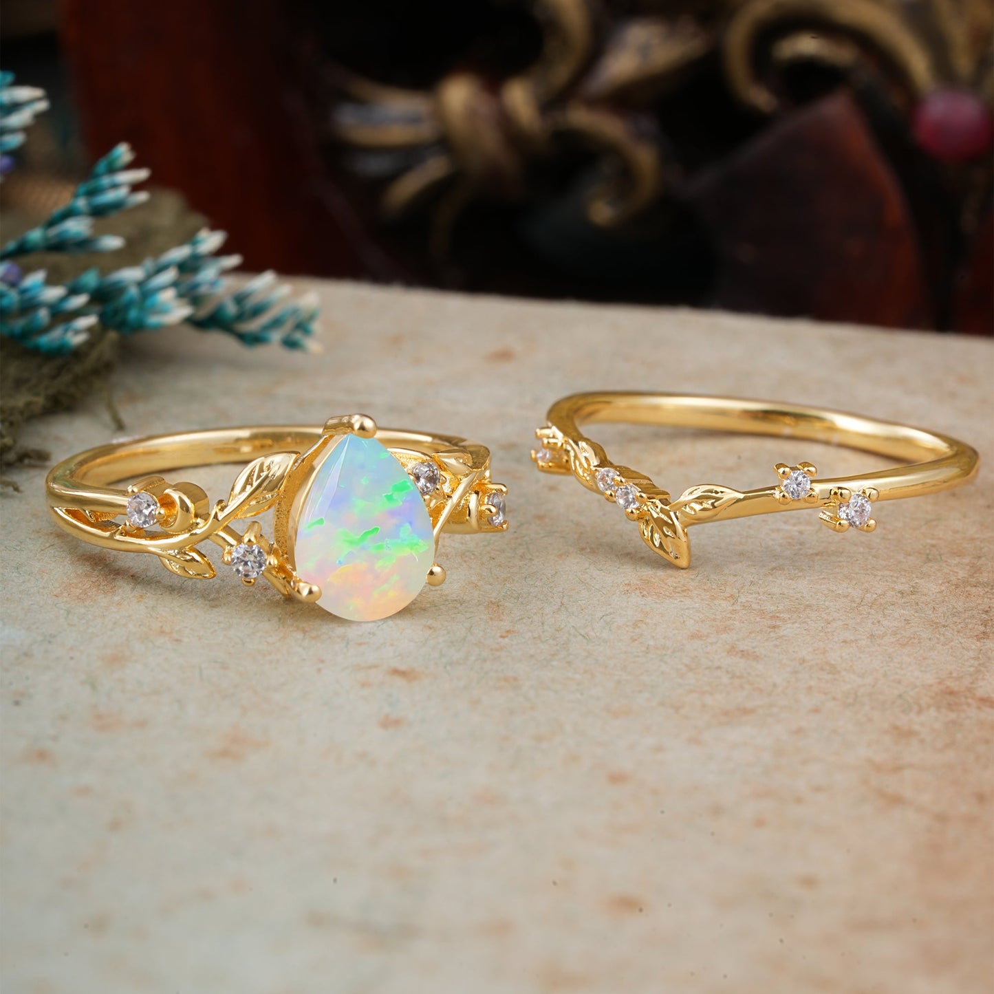 Timeless Pear Cut Opal Bridal Ring Set for Her