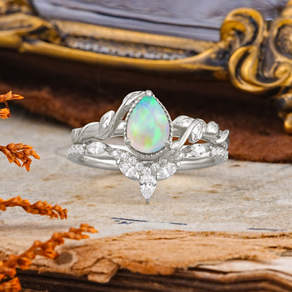 Timeless Pear Cut Opal Bridal Ring Set for Her