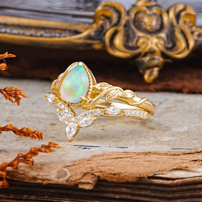 Timeless Pear Cut Opal Bridal Ring Set for Her