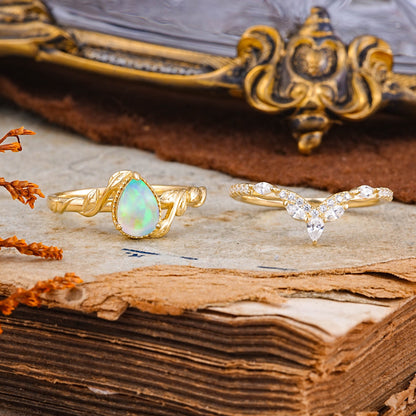 Timeless Pear Cut Opal Bridal Ring Set for Her