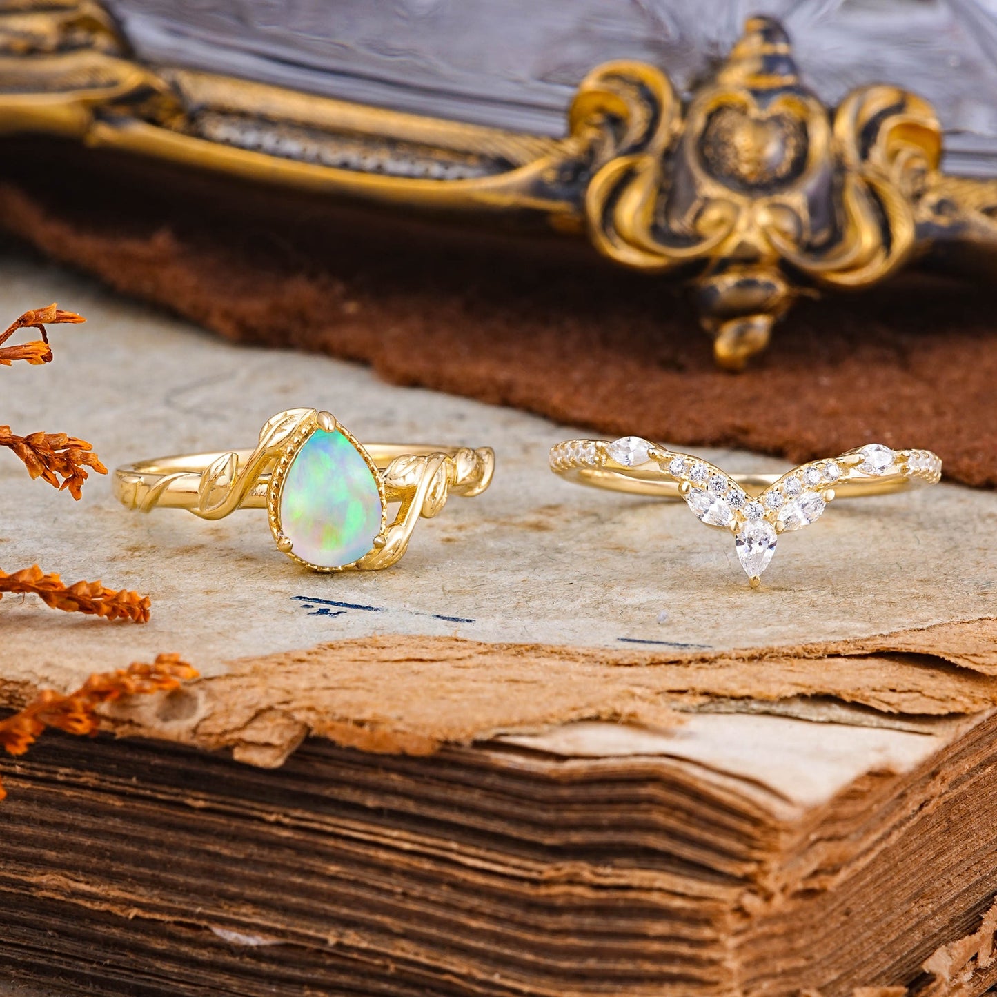 Nature-Inspired 3-Prong Oval-Cut Opal Bridal Ring Set with Vine Accents