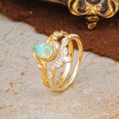 Nature-Inspired 3-Prong Oval-Cut Opal Bridal Ring Set with Vine Accents