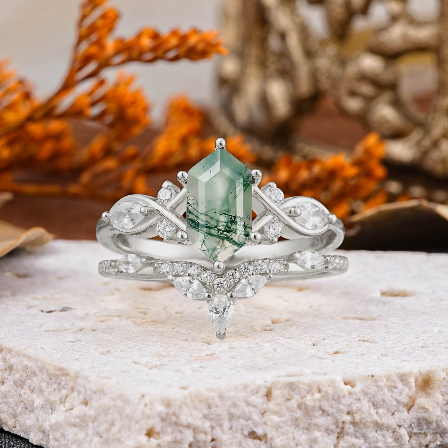 Customer-Made The Graceful Hexagon - Cut 6 Prong Natural 3CT Moss Agate Engagement Ring
