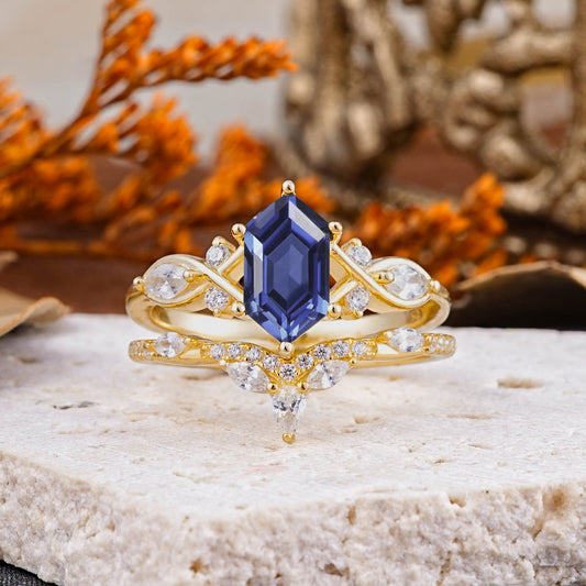 The Graceful Hexagon - Cut Tanzanite Bridal Ring Set