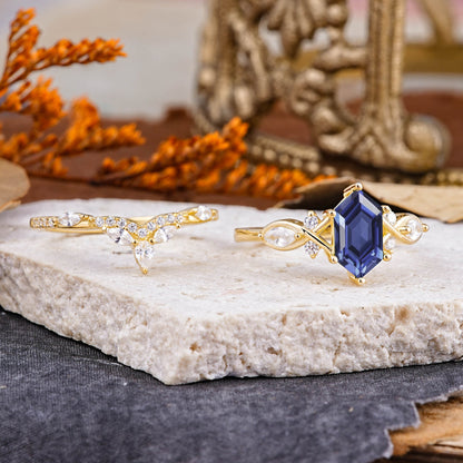 The Graceful Hexagon - Cut Tanzanite Bridal Ring Set
